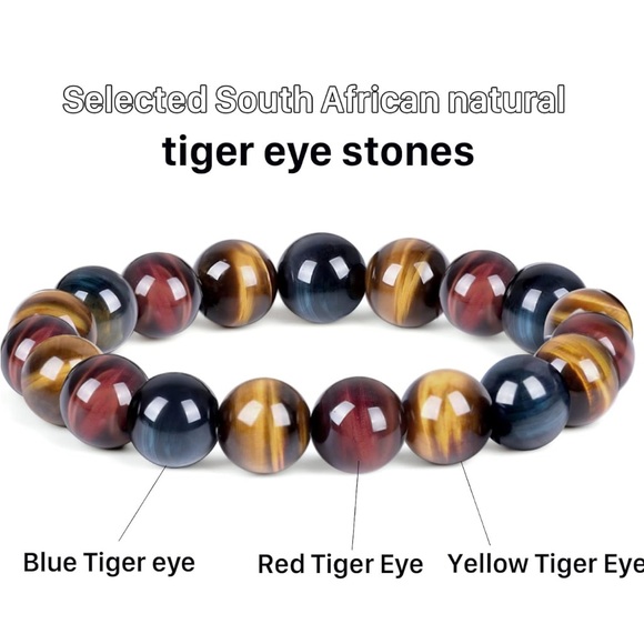 Triple Tigers Eye Stretch Bracelet Yellow Red Blue Tigers Eye Bracelet 14mm Bead - Picture 6 of 10